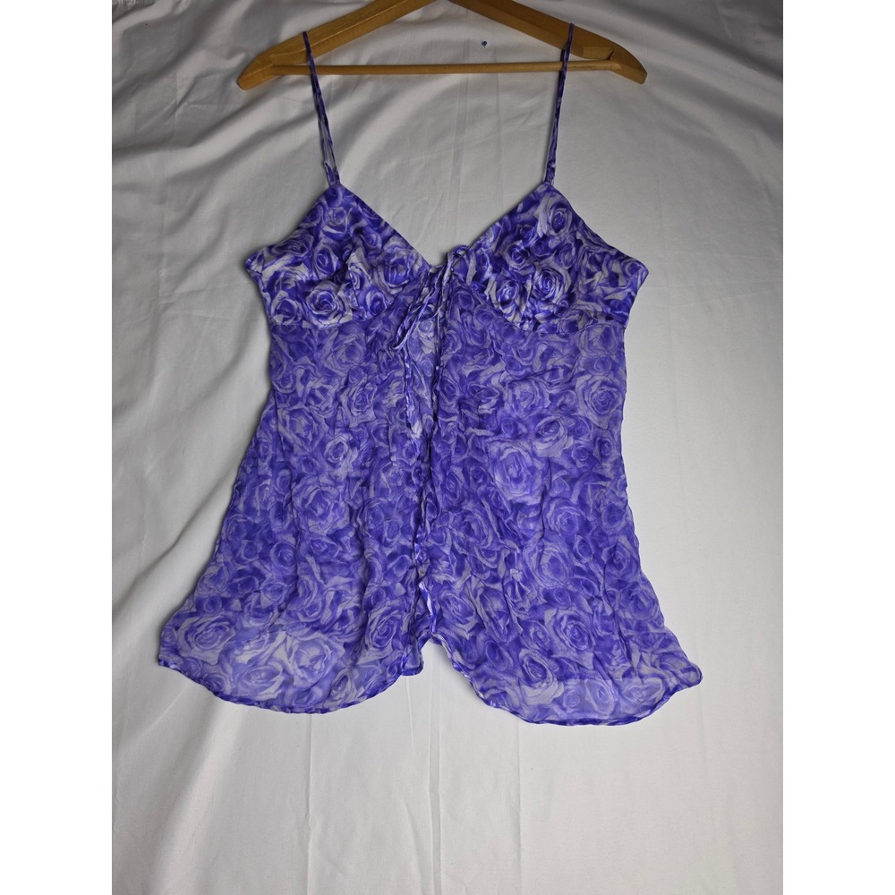 Magic Silk Purple Rose Floral 100% Silk Camisole Tie Front Sheer Top Small